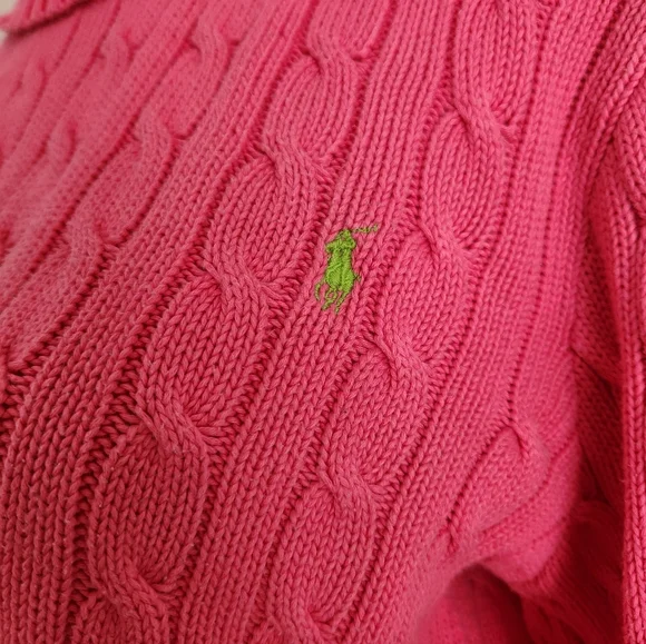 Ralph Lauren Sport Cable-Knit Turtleneck Sweater in Pink W/ Green Logo XL - Picture 3 of 13